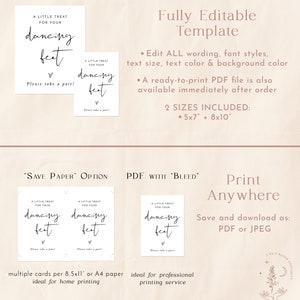 Op de afbeelding: Printbare sjabloon voor een "dancing feet"-bord. De sjabloon is volledig bewerkbaar en is verkrijgbaar in twee formaten: 5x7 inch en 8x10 inch. Het bord heeft een eenvoudig ontwerp met de tekst "A little treat for your dancing feet" en een hartje. De sjabloon is beschikbaar in twee formaten: "Save Paper" en "PDF with Bleed".