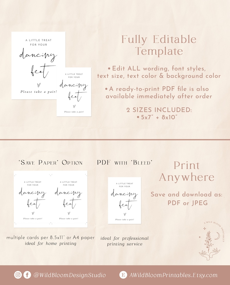 Op de afbeelding: Printbare sjabloon voor een "dancing feet"-bord. De sjabloon is volledig bewerkbaar en is verkrijgbaar in twee formaten: 5x7 inch en 8x10 inch. Het bord heeft een eenvoudig ontwerp met de tekst "A little treat for your dancing feet" en een hartje. De sjabloon is beschikbaar in twee formaten: "Save Paper" en "PDF with Bleed".