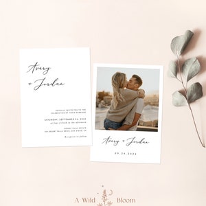 Może przedstawiać: Zaproszenie ślubne z fotografią pary całującej się. Zaproszenie jest białe z czarnym tekstem i zawiera napis "Avery + Jordan" oraz "Sobota, 24 września 2024".