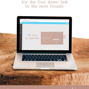 May include: A laptop computer screen displaying a mockup of a business card template. The text on the screen reads "All text is editable" and "Wild Bloom Photography". The business card is a light brown color with a white border.