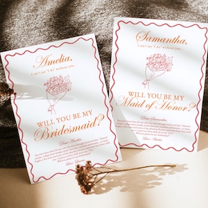 Plantilla de tarjeta de propuesta de dama de honor, tarjeta de dama de honor, ¿Quieres ser mi dama de honor?, borde ondulado, propuesta de lazo, propuesta de dama de honor con ramo, H1