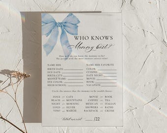 PRINTED + SHIPPED | Blue Bow Who Knows Mommy Best Baby Shower Game Boy Watercolor Bow Guess How Well You Know Mom Cards