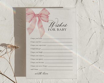 PRINTED + SHIPPED | Pink Bow Wishes for Baby Card Girl Baby Shower Game Watercolor Bow Wishes and Advice Keepsake