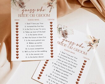PRINTED + SHIPPED | Bridal Shower Guess Who Game | Boho Pampas Bride or Groom A7