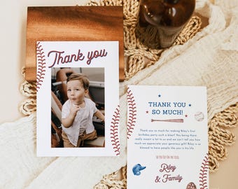 PRINTED + SHIPPED | Baseball 1st Birthday Thank You Card with Photo | Personalized Rookie of the Year R2