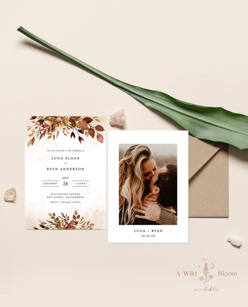 May include: Wedding invitation with fall foliage design. The invitation features the names Luca Sloan and Ryan Anderson, the date September 28th, and the time 4:00 PM. The invitation also includes the location, Galveston Estate, San Diego, California. The invitation is printed on a cream-colored card with a watercolor background.