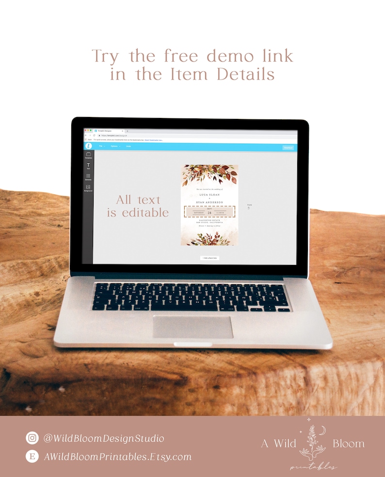 May include: A laptop computer screen displaying a digital mockup of a fall-themed wedding invitation with the text "Luca Sloan & Ethan Anderson" and "Saturday, November 18, 2023". The text "All text is editable" is visible on the screen.