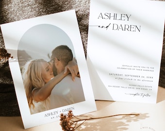 May include: Wedding invitation with a minimalist design featuring a photo of a couple embracing under an arch. The invitation includes the names Ashley and Daren, the date September 24, 20XX, and the location Desert Falls Estate in San Diego, California.
