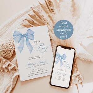 May include: A blue and white baby shower invitation with a watercolor bow and the text "It's a Boy". The invitation includes the date, time, and location of the shower, as well as the name of the person being honored. The invitation also includes instructions on how to RSVP and where to register for gifts.