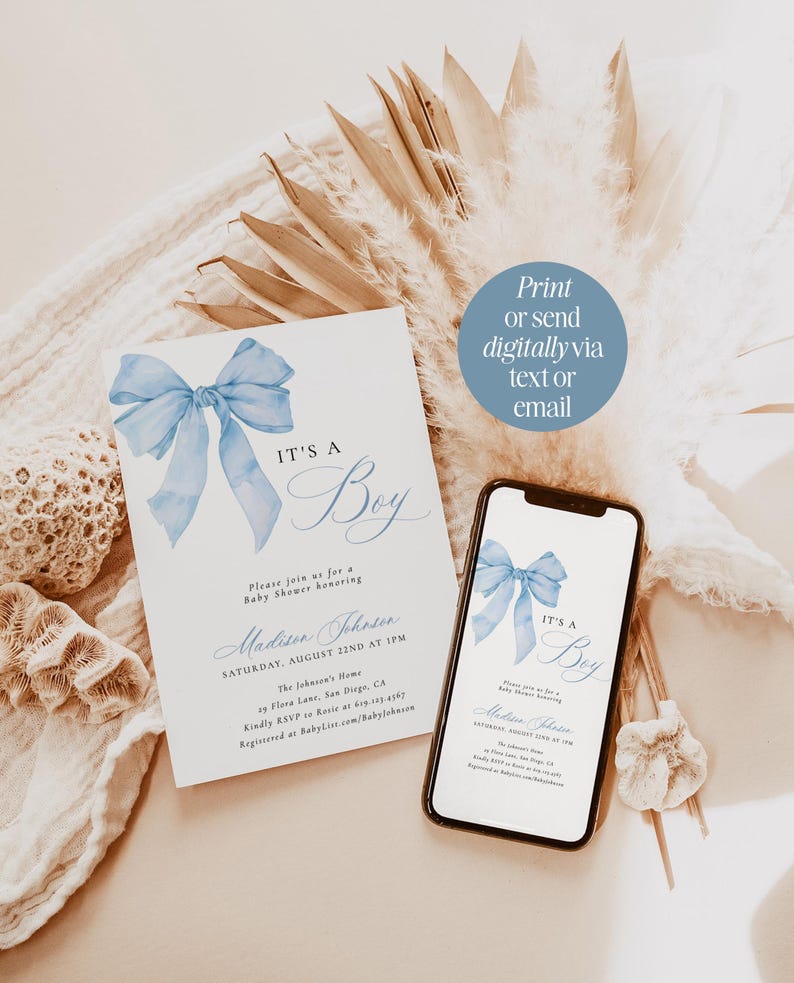 May include: A blue and white baby shower invitation with a watercolor bow and the text "It's a Boy". The invitation includes the date, time, and location of the shower, as well as the name of the person being honored. The invitation also includes instructions on how to RSVP and where to register for gifts.