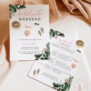 Puede incluir: Una invitaci&oacute;n para un fin de semana de despedida de soltera con tem&aacute;tica tropical. La invitaci&oacute;n presenta una ilustraci&oacute;n de acuarela de hojas de palmera, flores y un hongo. El texto de la invitaci&oacute;n dice "bachelorette weekend" y "Hannah's Bachelorette September 21st-23rd".