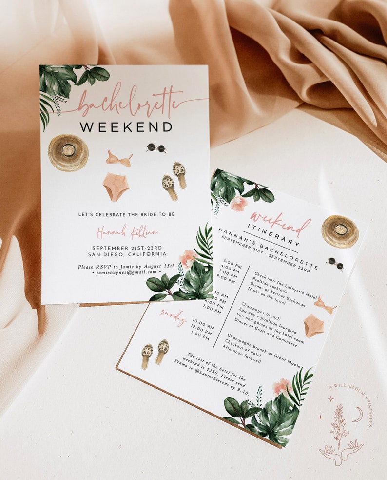 Puede incluir: Una invitaci&oacute;n para un fin de semana de despedida de soltera con tem&aacute;tica tropical. La invitaci&oacute;n presenta una ilustraci&oacute;n de acuarela de hojas de palmera, flores y un hongo. El texto de la invitaci&oacute;n dice "bachelorette weekend" y "Hannah's Bachelorette September 21st-23rd".