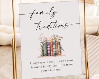 PRINTED + SHIPPED | Family Traditions Sign | Bridal Shower & Baby Shower Activity Sign | Watercolor Floral Book Table Decor