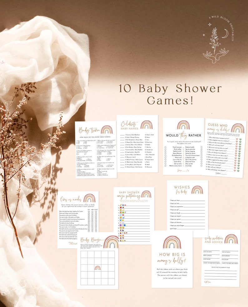 Rainbow Baby Shower Games Gender Neutral Shower Bundle Muted Tones Boho Baby Shower Bohemian Baby Shower Editable Template RB1 image 2