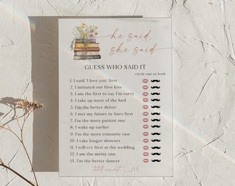 PRINTED + SHIPPED | He Said She Said Bridal Shower Game Wildflower Stacked Books Guess Who Said It Blush Pink Bridal Party Card