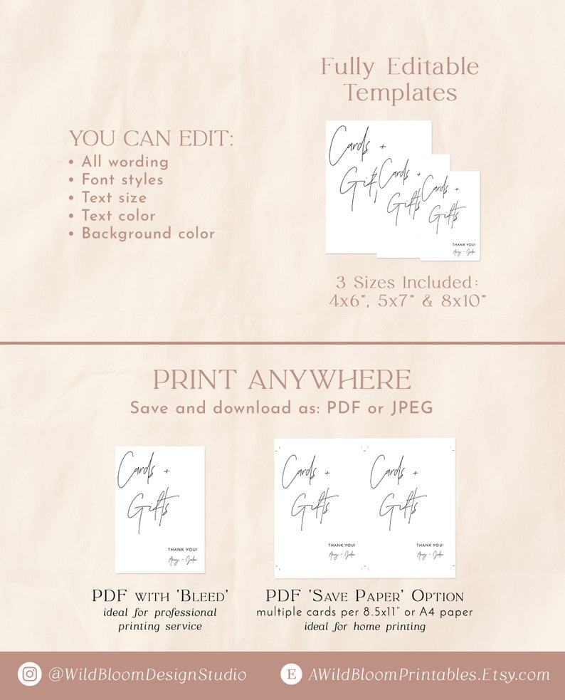 May include: Printable template for cards and gift cards. The template is fully editable and comes in three sizes: 4x6 inches, 5x7 inches, and 8x10 inches. The template can be saved as a PDF or JPEG file.