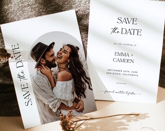 Minimalist Photo Save the Date Template, Modern, Boho Arch the Card, Instant Download, Editable Template, D1