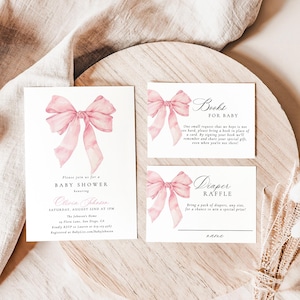 Pink Bow Baby Shower Invitation Template, Pastel Pink Baby Shower Invite, Girl Baby Shower, Pink Coquette Bow, Baby Shower Bundle, B1