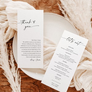 Minimalistisches Menü + Dankeschön Briefvorlage, Hochzeit Serviettennotiz, Hochzeitsmenü Danke, Modernes Gedeck Danke, M9