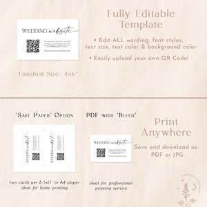 May include: A digital template for a wedding website card. The card is white with black text and a QR code. The text says "WEDDING website". The card is 4x6 inches.