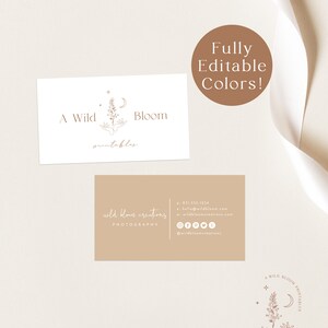 May include: A digital download of a printable business card template featuring a minimalist design with a hand-drawn floral illustration and the text "A Wild Bloom Printables". The card also includes the text "wild bloom creations PHOTOGRAPHY" and contact information.