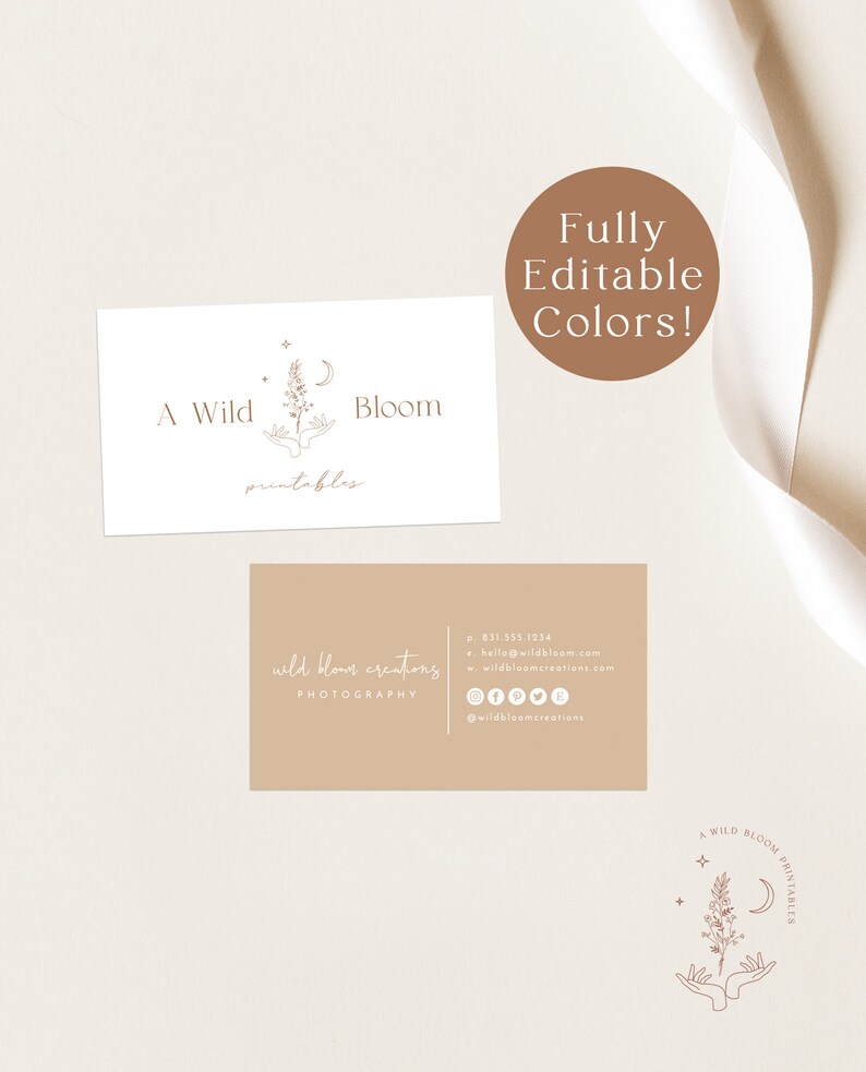May include: A digital download of a printable business card template featuring a minimalist design with a hand-drawn floral illustration and the text "A Wild Bloom Printables". The card also includes the text "wild bloom creations PHOTOGRAPHY" and contact information.