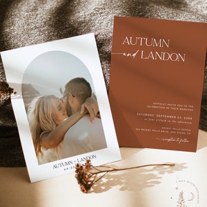 Terracotta Wedding Invite, Arch Photo Wedding Invitation, Modern Minimalist Wedding Invitation, Fall Wedding, Editable Template, D1