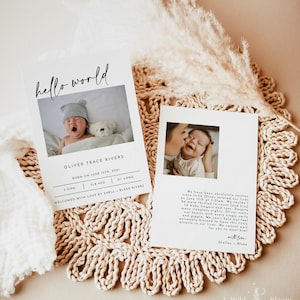 Faire-part de naissance minimaliste, faire-part de bébé avec photo, faire-part de nouveau-né Hello World, modèle de faire-part de naissance, BA-01