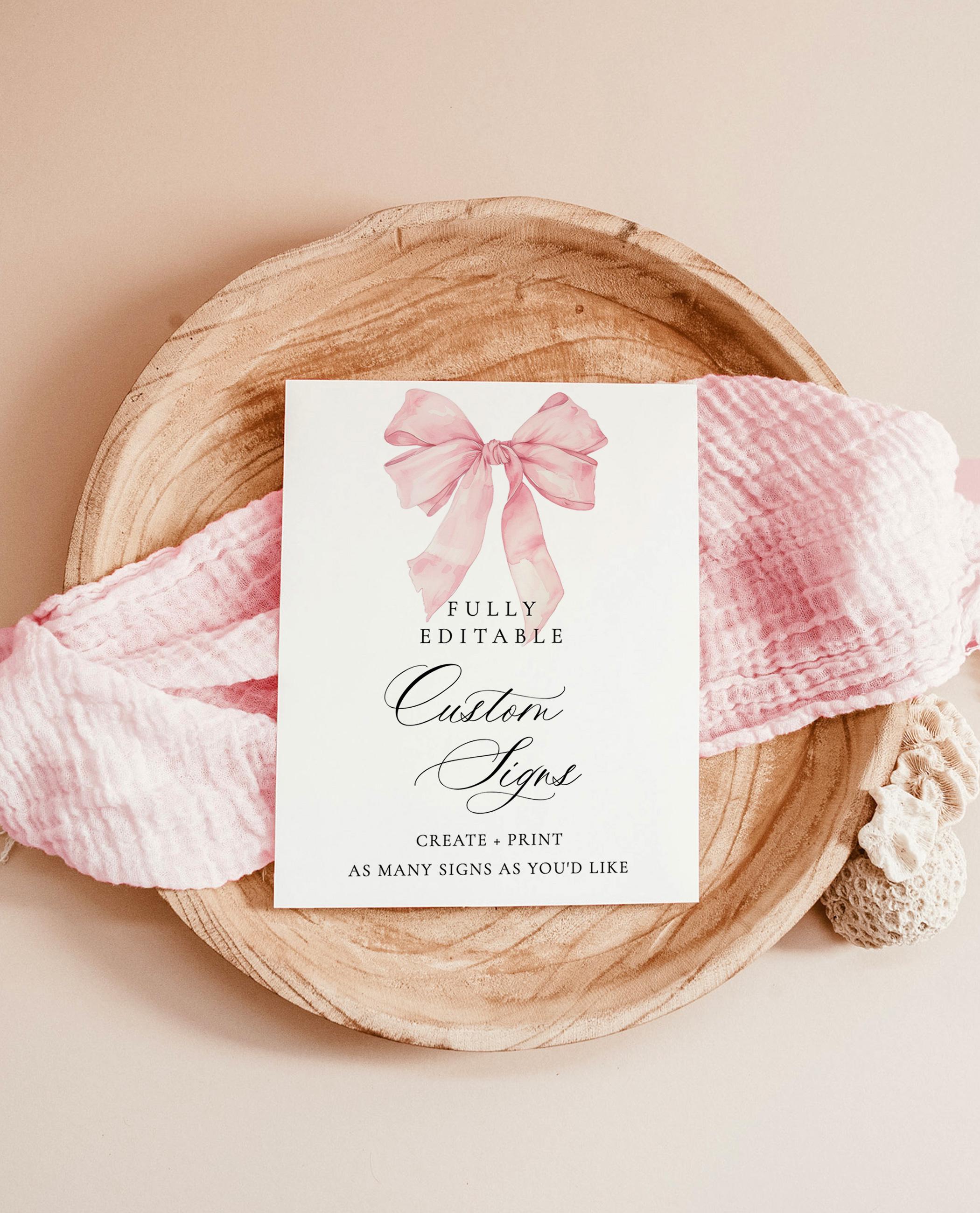 Pink Bow Shower Signs, Bow Custom Sign Template, Pink Ribbon, Bow Baby Shower Sign, Bow Bridal Shower Sign, Editable Template, B1
