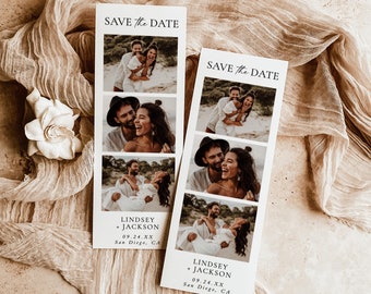 May include: Save the date card with a photo booth style design featuring four photos of a couple. The text reads "Save the Date" and "Lindsey + Jackson 09.24.XX San Diego, CA".