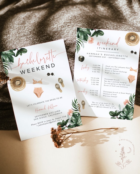 Tropical Bachelorette Party Invitation, Bachelorette Itinerary, Beach Bachelorette Party, Pink Palm Springs Bachelorette Invite, P3