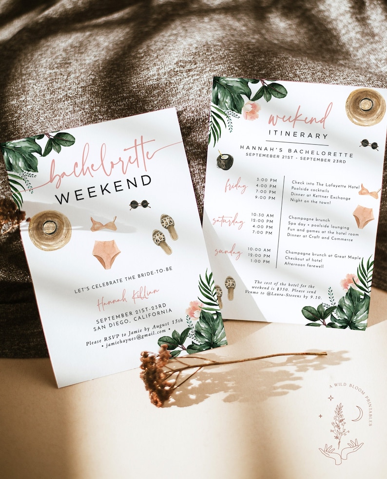 Puede incluir: Una invitaci&oacute;n imprimible para una despedida de soltera con tem&aacute;tica tropical. La invitaci&oacute;n presenta un esquema de color rosa y verde con ilustraciones de hojas de palmera, hongos y un bikini. El texto de la invitaci&oacute;n dice "Bachelorette Weekend" y "Let's Celebrate the Bride-to-be Hannah Killian September 21st-23rd San Diego, California".