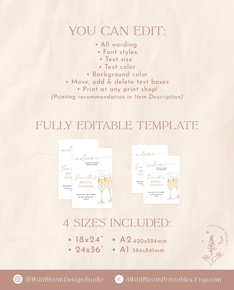 Bridal Shower Welcome Sign Template, Boho Brunch Poster, Brunch and Bubbly, Instant Download, Editable Template, B2 image 6