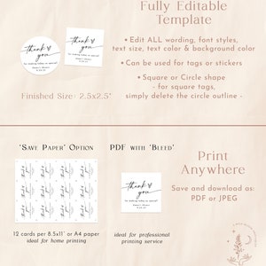 May include: Printable thank you tags or stickers in a square or circle shape. The design features the text "Thank you" in a handwritten font with a heart symbol. The tags are 2.5 inches by 2.5 inches and can be printed on 8.5x11 inch or A4 paper.
