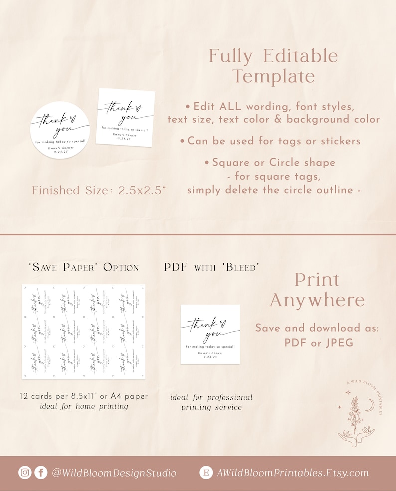 May include: Printable thank you tags or stickers in a square or circle shape. The design features the text "Thank you" in a handwritten font with a heart symbol. The tags are 2.5 inches by 2.5 inches and can be printed on 8.5x11 inch or A4 paper.