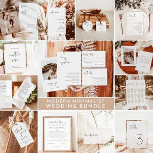 May include: A modern minimalist wedding stationery bundle with a variety of printable templates, including save the dates, welcome signs, RSVP cards, details cards, seating charts, and table numbers. The designs feature a simple, elegant aesthetic with handwritten fonts and neutral colors.