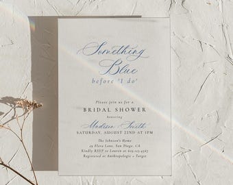 PRINTED + SHIPPED | Something Blue Bridal Shower Invitation Dusty Blue Calligraphy Minimalist Before I Do Wedding Shower Invite