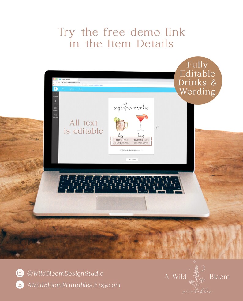 K&ouml;nnte beinhalten: Ein Laptop-Computer zeigt eine digitale Mockup einer druckbaren Hochzeitstafel mit dem Text "signature drinks" und zwei Aquarell-Illustrationen von Cocktails. Die Tafel enth&auml;lt auch den Text "hers" und "his" mit den Namen der Cocktails, die darunter aufgef&uuml;hrt sind. Der Text "Fully Editable Drinks & Wording" wird in einem braunen Kreis in der oberen rechten Ecke des Bildes angezeigt.