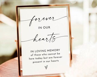 May include: A white sign with black text in a gold frame. The sign reads "forever in our hearts" and "IN LOVING MEMORY of those who cannot be here today but are forever present in our hearts".