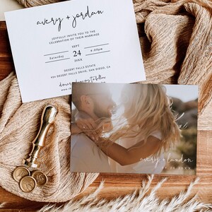 May include: Wedding invitation suite with a white card featuring the text "avery + jordan" in black script font. The card includes the date and time of the wedding, the location, and the text "dinner dancing to follow". A smaller card features a photograph of a couple embracing, with the text "avery + landon" in black script font and the date "09.24.20XX" below.