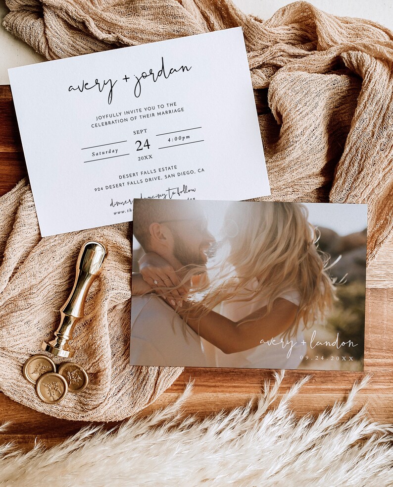 May include: Wedding invitation suite with a white card featuring the text "avery + jordan" in black script font. The card includes the date and time of the wedding, the location, and the text "dinner dancing to follow". A smaller card features a photograph of a couple embracing, with the text "avery + landon" in black script font and the date "09.24.20XX" below.