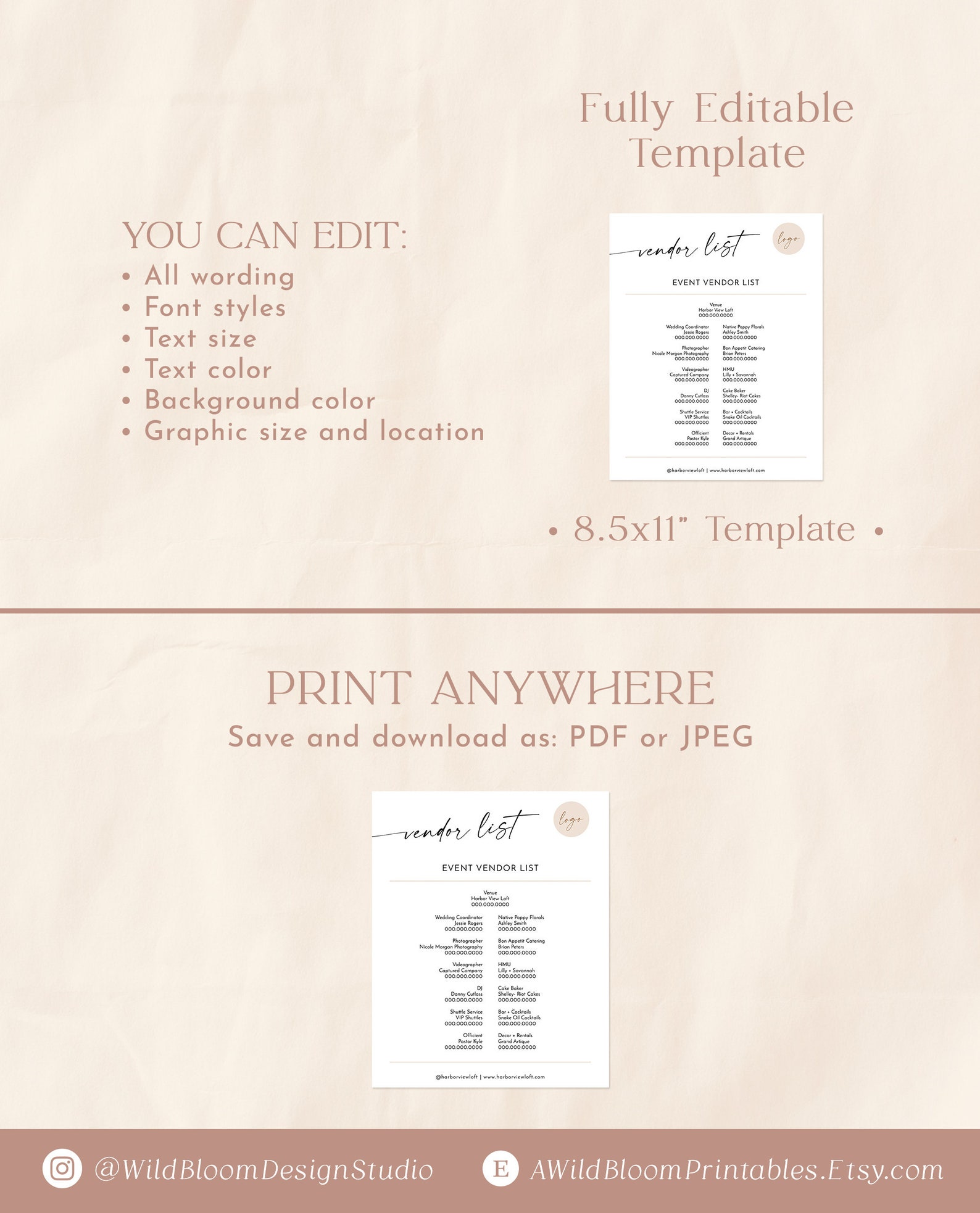 Wedding Vendor List Template Wedding Day Details Event Etsy