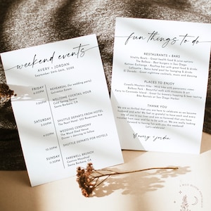 Carte d'événements de mariage minimaliste, événements de week-end modernes, modèle d'itinéraire de mariage, sac de bienvenue, calendrier de mariage modifiable, M9