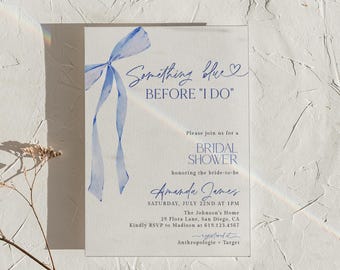 PRINTED + SHIPPED | Something Blue Bridal Shower Invitation Dusty Blue Watercolor Bow Before I Do Wedding Shower Invite