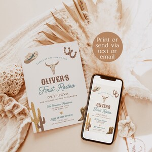 May include: A printable invitation for a first rodeo party. The invitation features a skull, cowboy boots, cacti, and horseshoes. The text on the invitation reads "Oliver's First Rodeo" and includes the date, time, and location of the event. The invitation also includes a phone number and email address for RSVP.