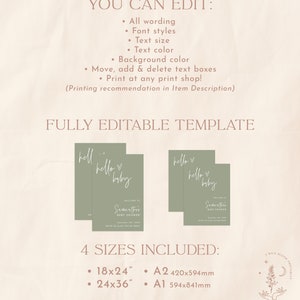 May include: Editable template for a baby shower invitation with the text "hello baby" in a handwritten font. The template is available in four sizes: 18x24 inches, 24x36 inches, A2 (420x594 mm), and A1 (594x841 mm).