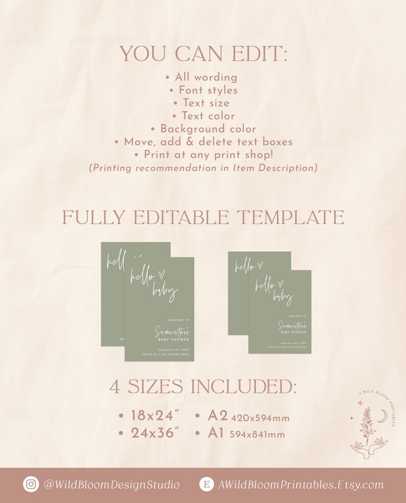 May include: Editable template for a baby shower invitation with the text "hello baby" in a handwritten font. The template is available in four sizes: 18x24 inches, 24x36 inches, A2 (420x594 mm), and A1 (594x841 mm).