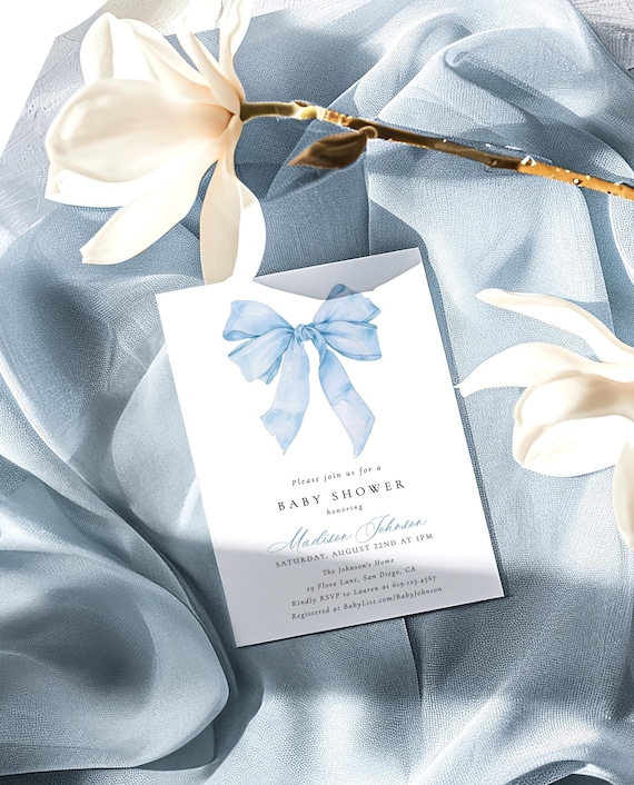 Bow Baby Shower Invitation Template, Dusty Blue Invite, Boy, Coquette, Instant Download, Editable Template, B6