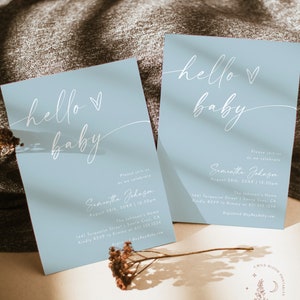 Minimalistische babyshower uitnodiging sjabloon, jongensbabyshower, boho jongen babyshower uitnodigen, blauwe moderne babyshower uitnodigen, bewerkbaar, M9