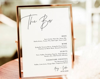 Enseigne de mariage The Bar, Menu de bar de mariage minimaliste, Enseigne pour boisson pour mariage, Enseigne de menu de boissons moderne, Menu de bar de mariage, Modèle modifiable, M7